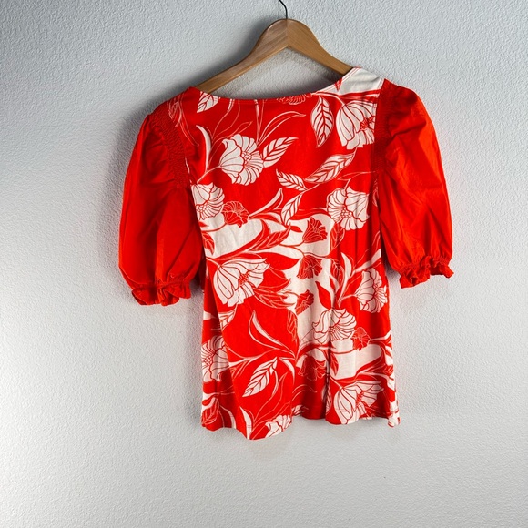 Anthropologie Red & White Floral Puff-Sleeve Top - Picture 5 of 5